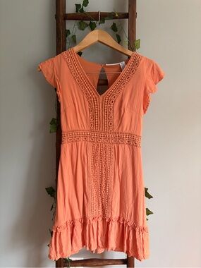 Coral Crochet-Trim V-Neck Mini Dress